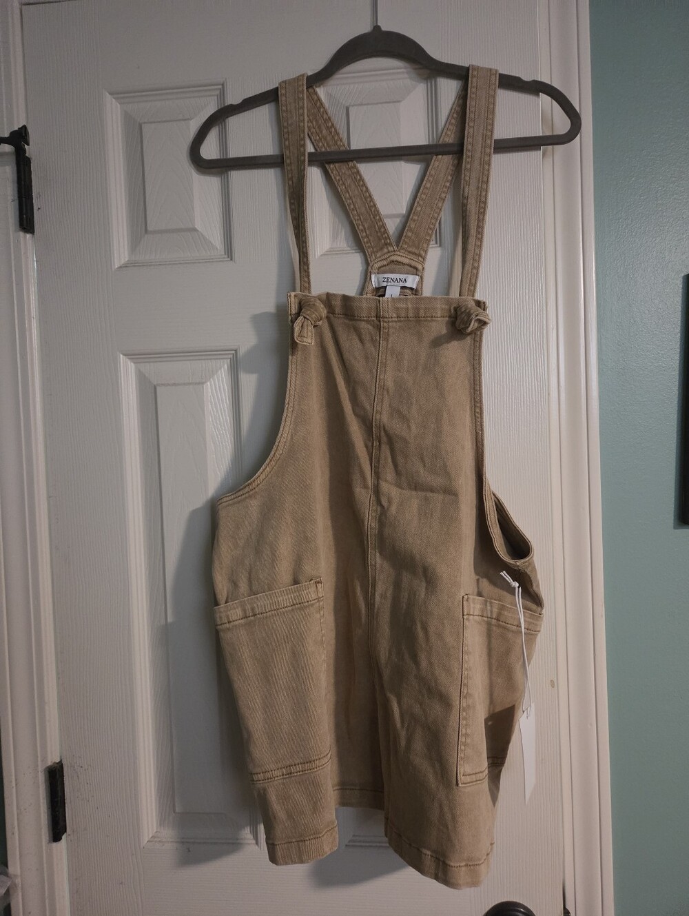 Zenana Outfitters Lt Camel Denim Overall Jumper with Knot Straps - Picture 5 of 6
